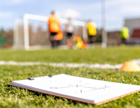 Tactical Soccer Clipboard with Field Diagram Lying on Grass During Outdoor Team Practice or Match Preparation