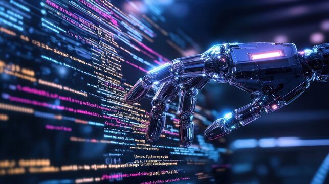 Robotic hand interacting with digital code stream
