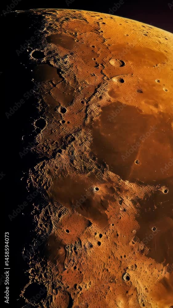 Poster detailed closeup showing cratered surface of an orange astronomical moon with rocky texture and shad