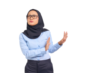 Portrait of annoyed young Asian woman crossing hands makes stop gesture, demonstrates rejection isolated on transparent background