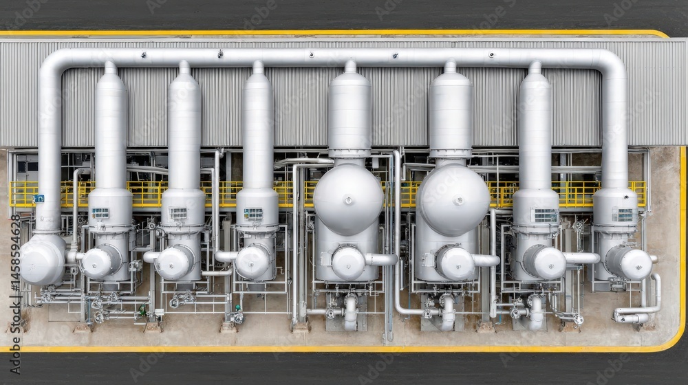 Poster industrial pipeline system showcasing large storage tanks and detailed machinery in a modern facilit
