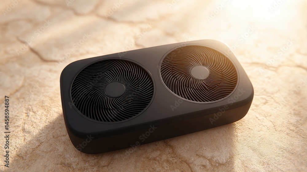 Poster dual fan cooling system on textured surface demonstrating innovative technology and design elements 