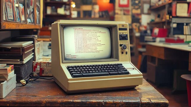 A vintage desktop computer with a monochrome screen and mechanical keyboard in a nostalgic setting filled with books and collectibles