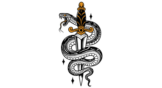 Blackwork tattoo icon. Snake coiled around ornate sword in black and gold design