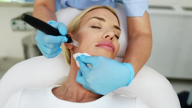 Beautician wearing blue gloves uses a microneedling pen to apply serum to face of beautiful blonde client  lying on a treatment table during a beauty spa procedure. Modern anti-age procedure.