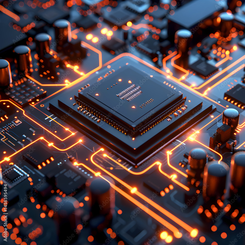 Poster detailed view of a cpu with glowing orange pathways