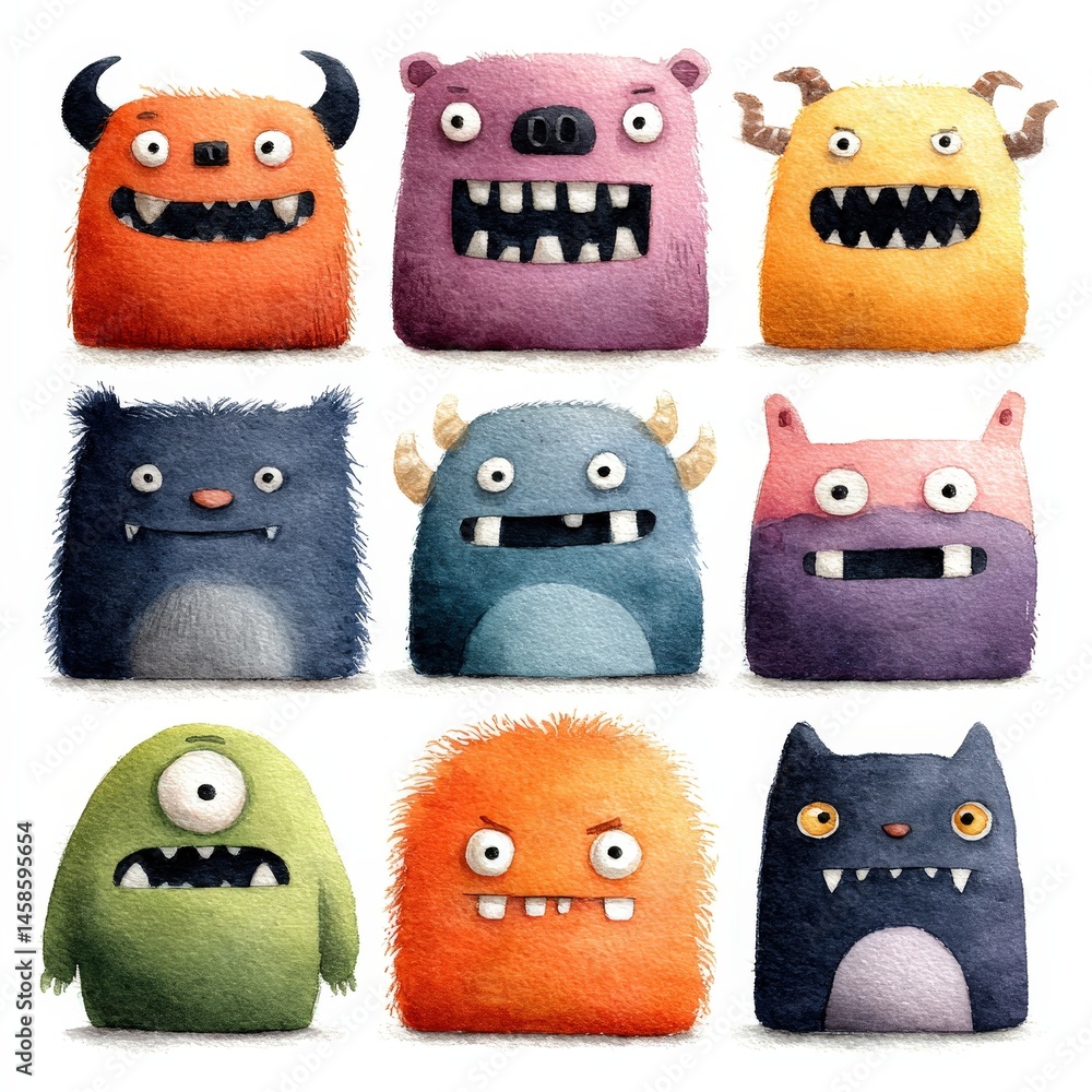 Poster a group of playful watercolor monsters demonstrating their unique personalities and colorful designs