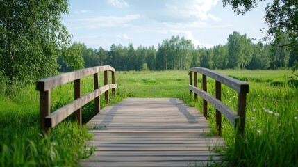 Wooden bridge over a lush green field with trees in the background.