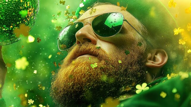 Happy St. Patrick's Day! A festive celebration with a bearded man, a disco ball, and green confetti.