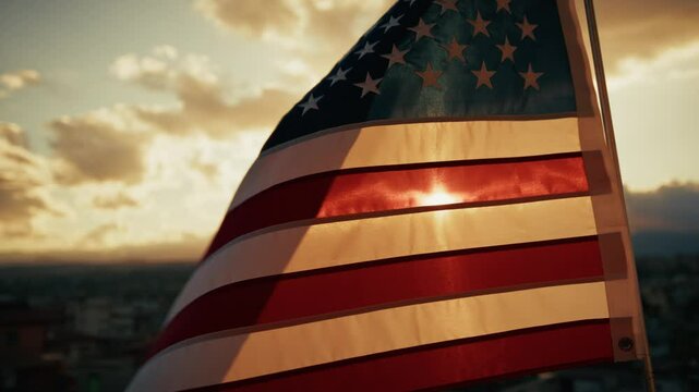 American flag waving at sunset