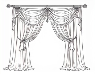 Elegant draped window covering illustration with cascading folds and tied side panels