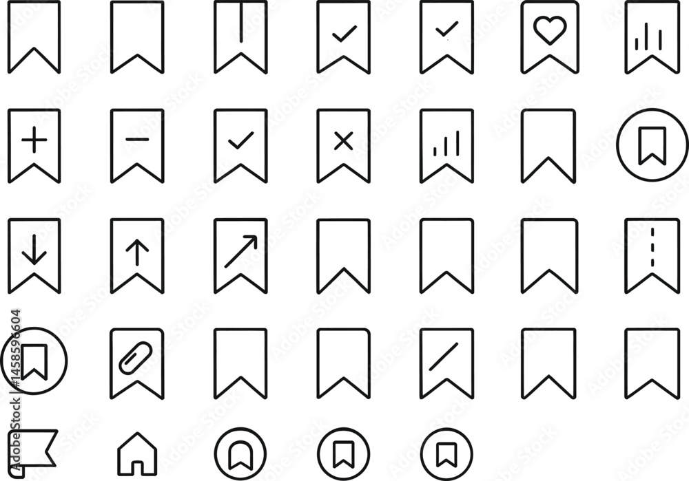 Poster bookmark icons array: a minimalist arrangement of various bookmark icons in a clean and organized gr