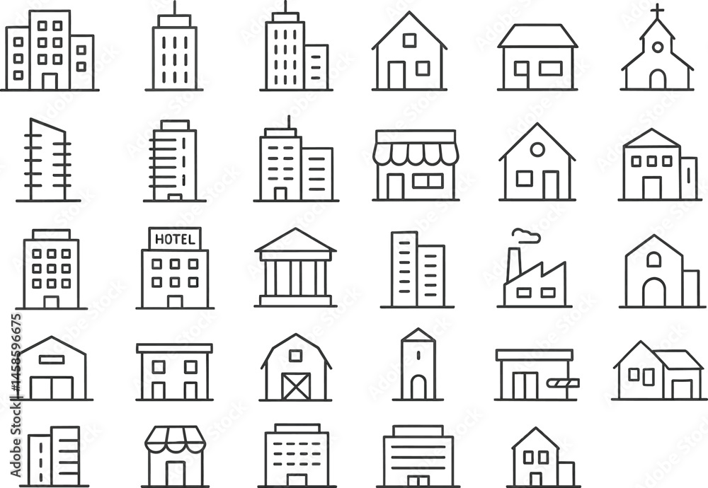 Poster architectural diversity: a comprehensive array of meticulously crafted building icons, rendered in a
