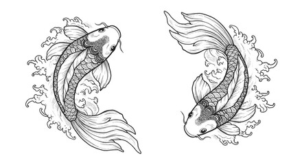 Blackwork tattoo icon. Koi fish swimming gracefully in swirling water