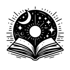 Celestial Book: Cosmic Knowledge Icon, Black & White, Vector