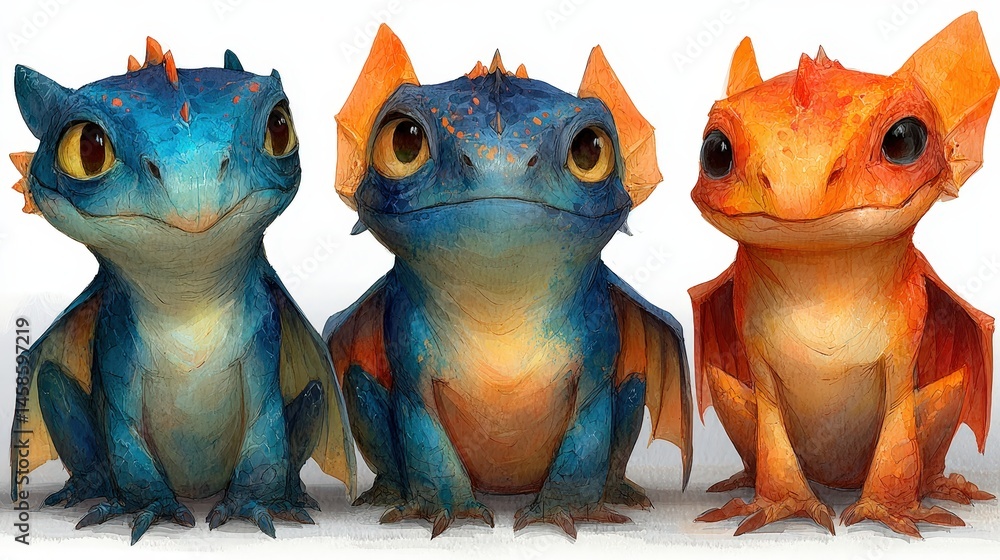 Aufkleber three distinctly colored watercolor dragons isolated on a bright white background ideal for fantasy 