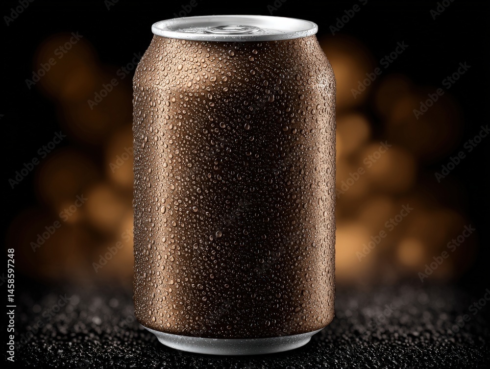 Poster refreshing beverage can with droplets capturing essence of refreshment on a blurred golden bokeh bac