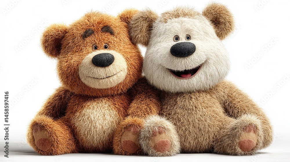 Poster two cute teddy bears sitting side by side in realistic style isolated on a white background evoking 