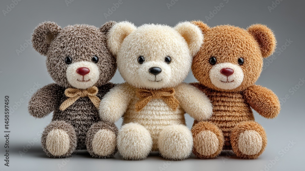 Poster Three adorable teddy bears sitting side by side in realistic style isolated on a white background for charming display