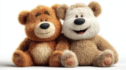 Two cute teddy bears sitting side by side in realistic style isolated on a white background evoking sweet companionship