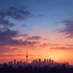 Fototapeta premium Dramatic skyline at dusk with vibrant orange and blue hues reflecting on clouds