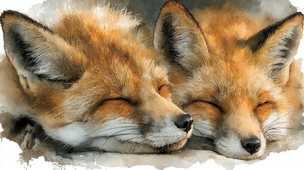 Fototapeta premium Two foxes in a watercolor style sleeping comfortably on a white background showcasing their relaxed nature