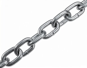 Fototapeta premium Metallic chain detail. Silver links interlock diagonally across plain background in a bright, angled composition