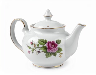 Elegant white teapot with rose floral design and gold trim on a clean background