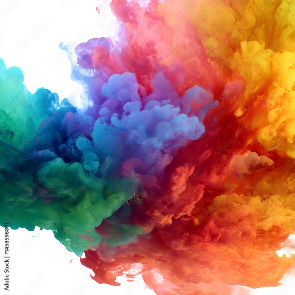 Poster vibrant multicolored powder explosion creating abstract cloudlike formations against a white backdro
