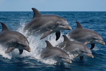 Fototapeta premium Dolphins leaping ocean waves joyfully.