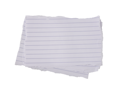 White ripped torn sheet of notebook paper with blue lines isolated on transparent background