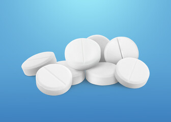 Antibiotic pills. Round tablets on blue gradient background