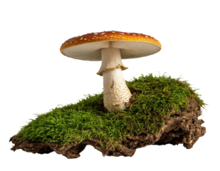 Fly agaric mushroom on moss on a transparent PNG background. AI generated.