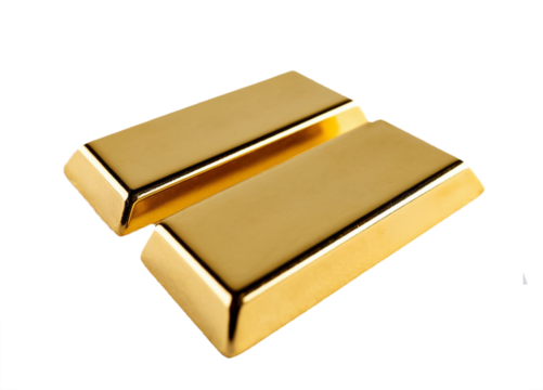 Gold bars on transparent PNG background. AI generated.