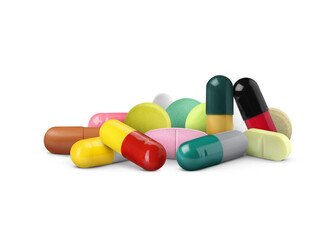 Many different antibiotic pills on white background