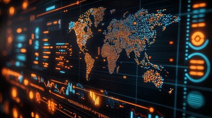 Digital world map with data display on black background