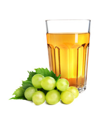 Tasty grape juice in glass with berries on white background