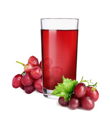 Tasty grape juice in glass with berries on white background