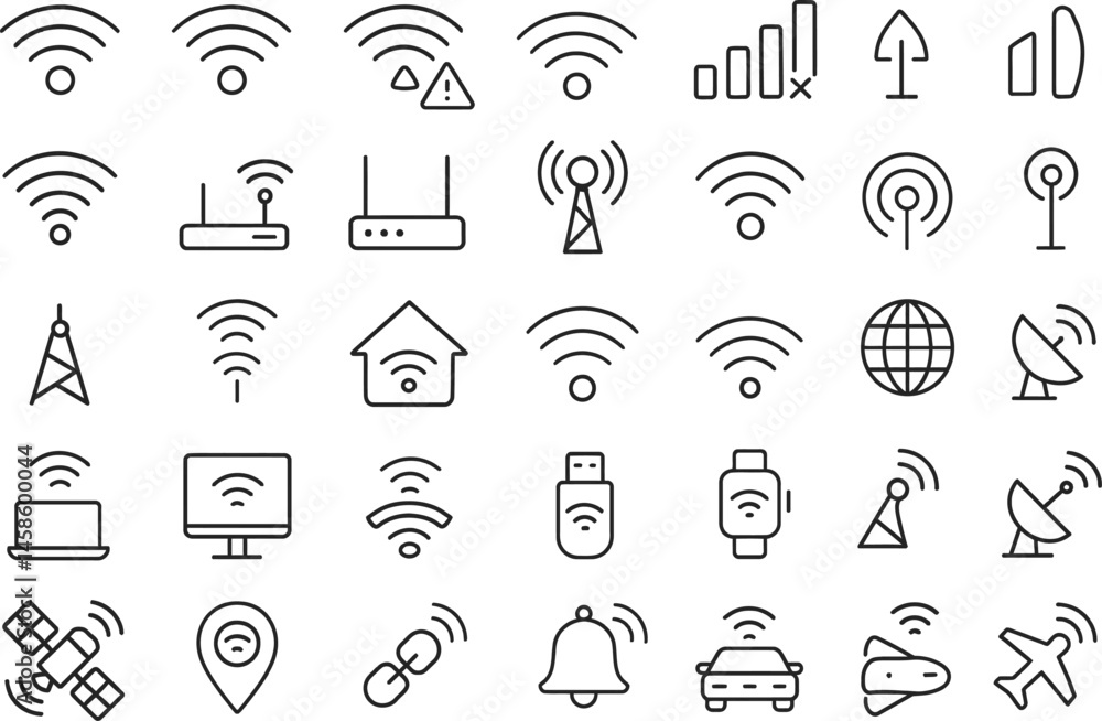 Poster seamless connectivity: a clean, minimalist collection of wi-fi icons, antennas and router representi