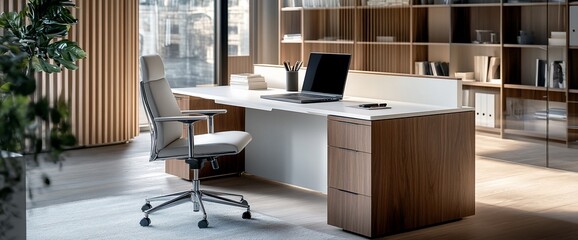 Refined office workspace with desk chair and laptop in an elegant setting