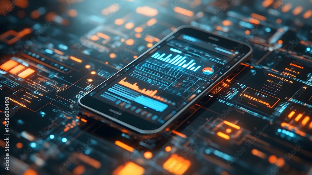 Poster close-up view of a modern smartphone displayed on a complex circuit board.