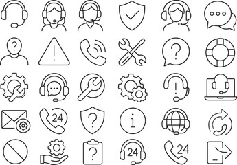 Fototapeta premium Customer Support Icon Set: A comprehensive set of minimalist line icons for customer support and service, showcasing various elements like headset, phone, email, chat, help, repair, settings.
