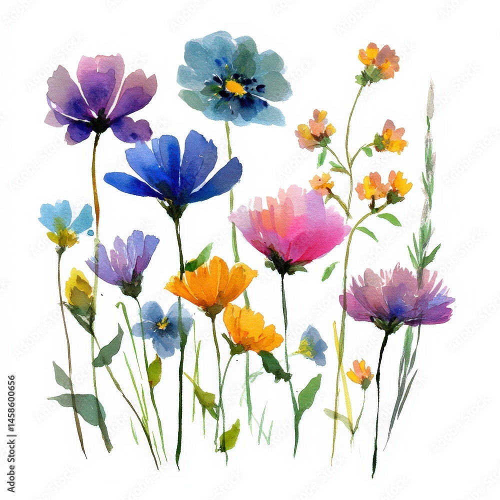 Aufkleber Vibrant watercolor bunch of wildflowers displaying a delightful array of colors against a simple white background