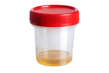 A urine sample container with a red cap and label, isolated on a transparent background.