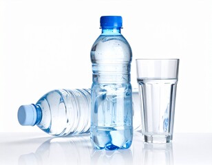 Water. Clear drink in plastic bottles and glass, refreshing and hydrating on a white surface