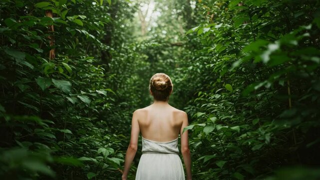 Woman in White Dress in Lush Green Forest - A young woman with blonde hair in a bun stands in profile view, wearing a white backless dress.  She is surrounded by dense