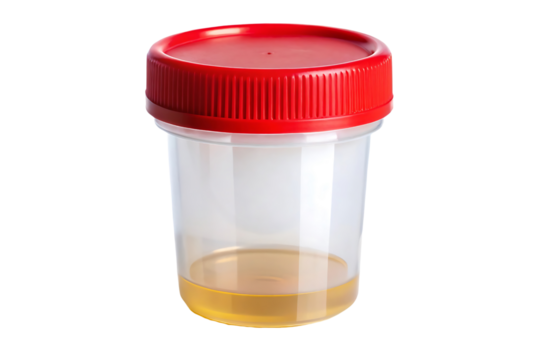 A urine sample container with a red cap and label, isolated on a transparent background.