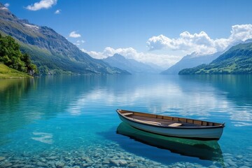 Fototapeta premium Crystal clear mountain lake with two wooden boats