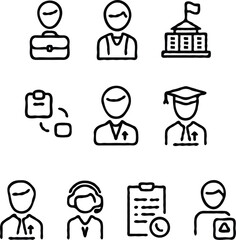 Business process web icons set in thin line design. Pack of inspection, hire, calculation money, coaching, protection, cooperation, success, task, other outline stroke pictograms.