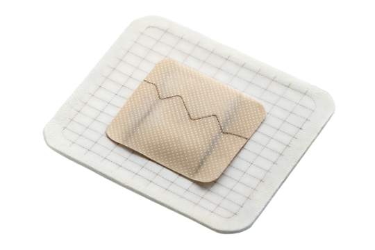 A small ECG monitor patch with adhesive backing, isolated on a transparent background.